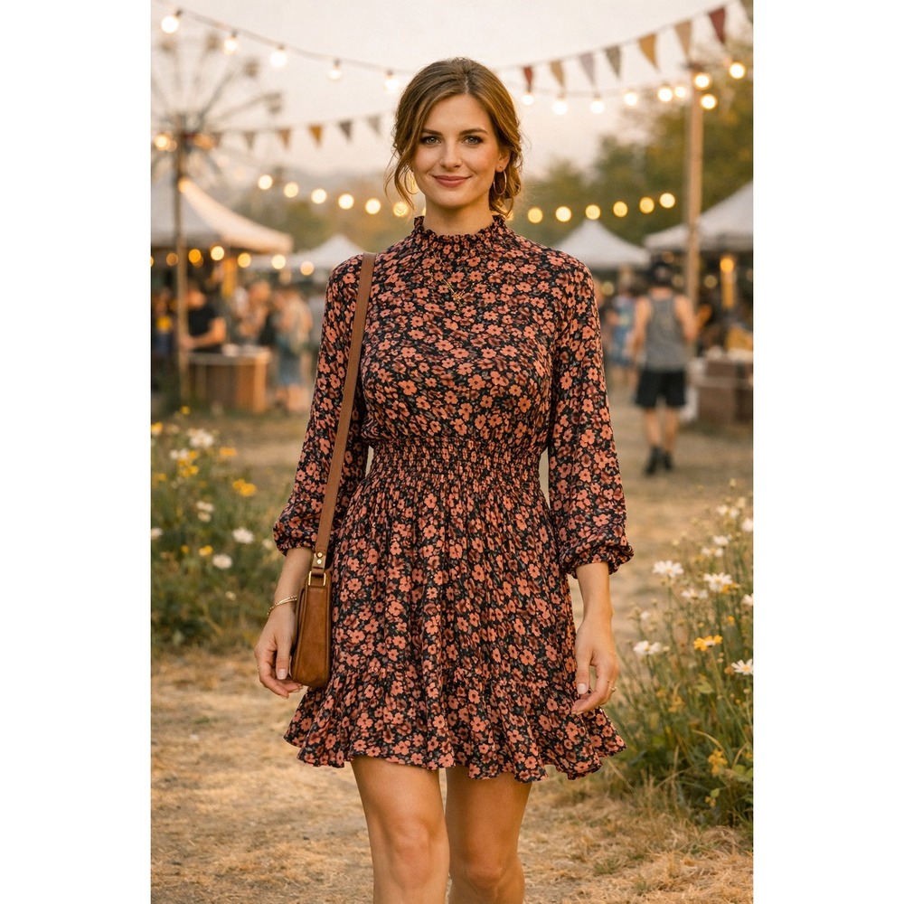 ZARA Women's Floral Flowy A‑Line Dress Open Back Balloon Sleeves Size M NWOT